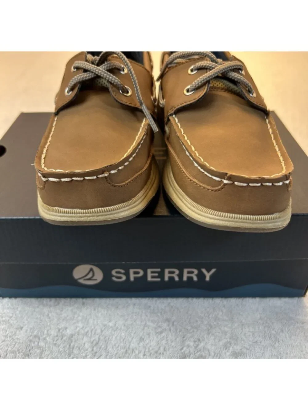 Sperry Top-Sider Boat Shoes Youth Kids 3M Tan Leather Rubber Sole Tie New in Box